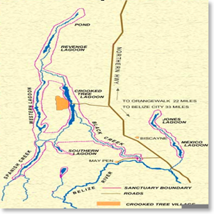 Crooked Tree Belize Map Tillett's Village Lodge - Crooked Tree Wildlife Sanctuary - Belize